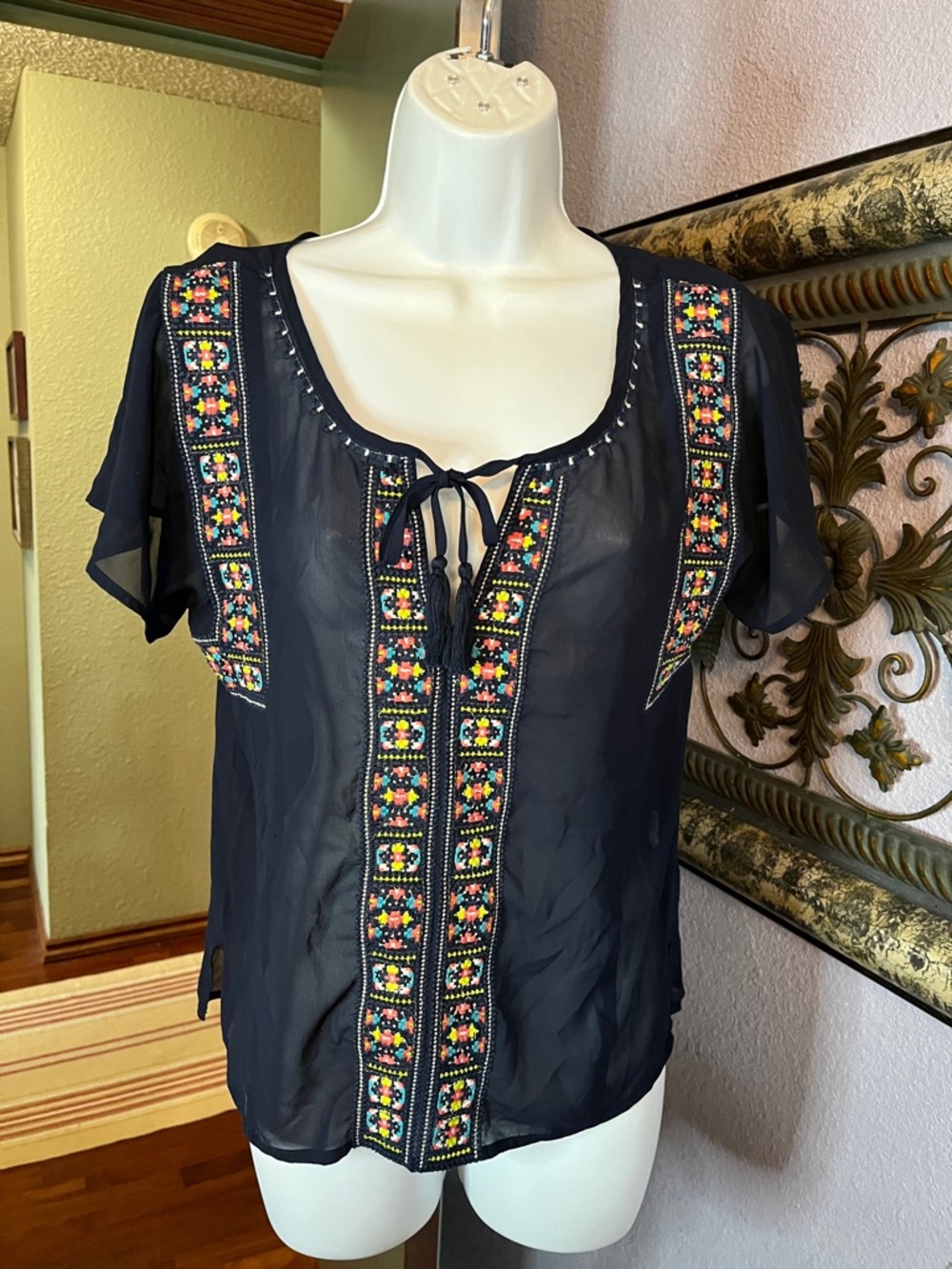 American Eagle Outfitters Sheer Embroidered SS Top Sz S/P 💚